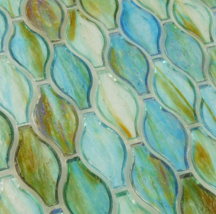 Clear Turquoise Green Unique Shapes Iridescent Glass Tile Botanical Glass