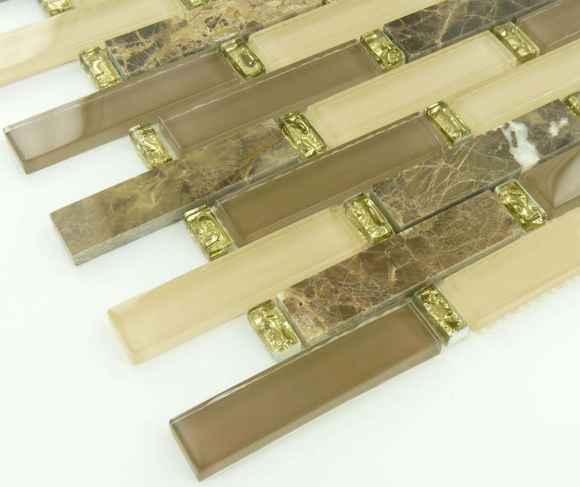 Crunched Walnut Brown 1'' x 4'' Glass and Stone Glossy Tile Euro Glass