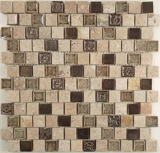 Offset Ashen Forest TS-923 Cream/Beige 7/8'' x 7/8'' Glass and Stone Polished Tile Euro Glass