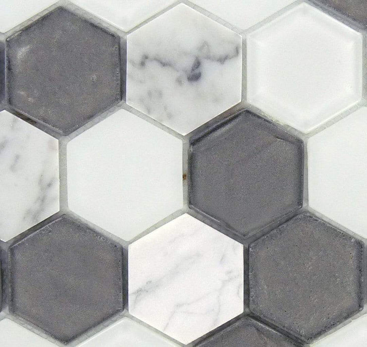 Aspen Grove Hexagon Silver Glossy Glass & Stone Tile Euro Glass
