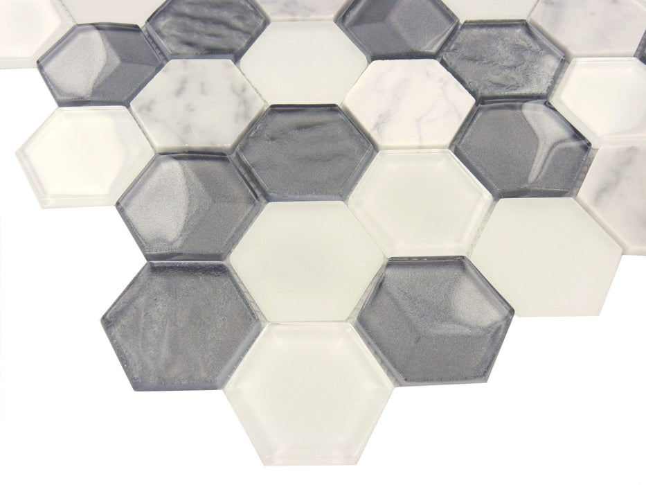 Aspen Grove Hexagon Silver Glossy Glass & Stone Tile Euro Glass