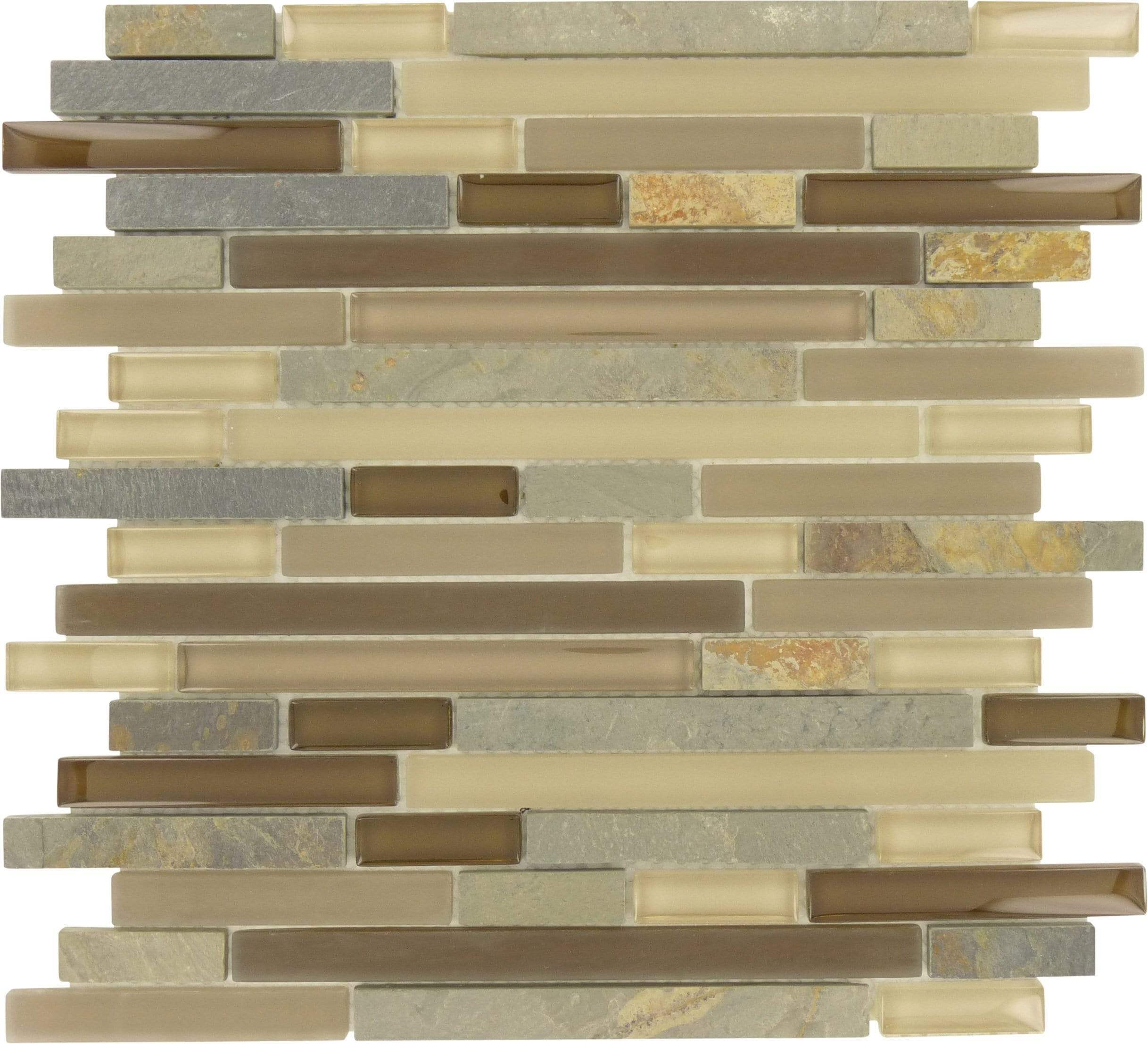 Rustic Taupe Brown Random Bricks Glass & Slate Tile Euro Glass