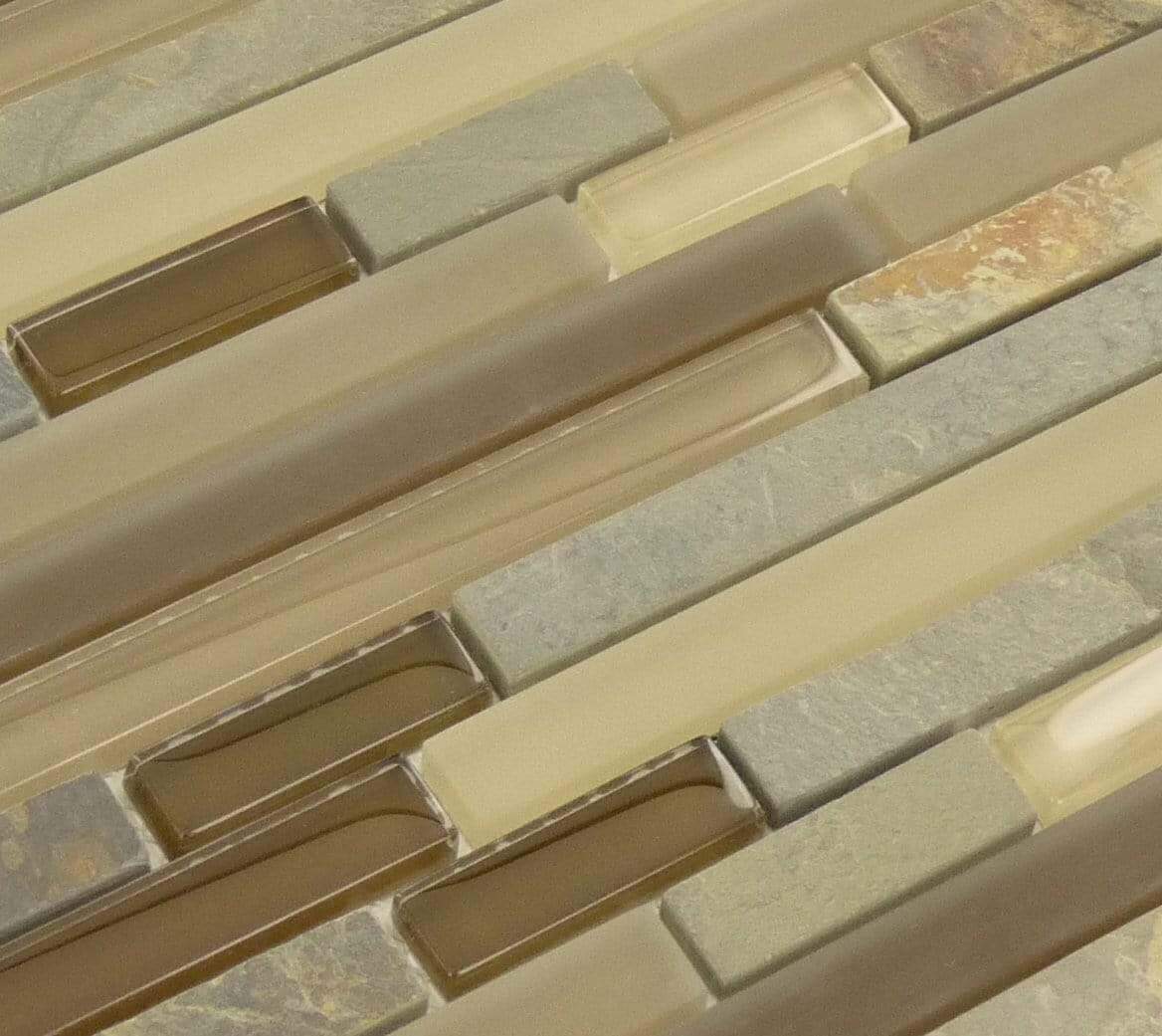 Rustic Taupe Brown Random Bricks Glass & Slate Tile Euro Glass