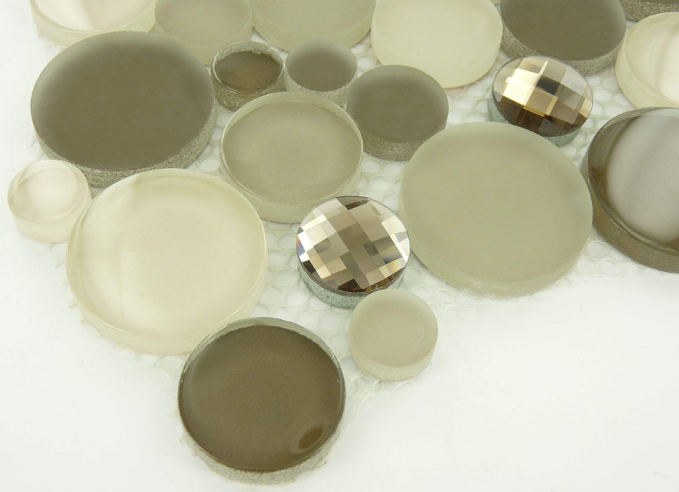 Platinum Foam Cream/Beige Circles Glass Glossy & Frosted Tile Euro Glass
