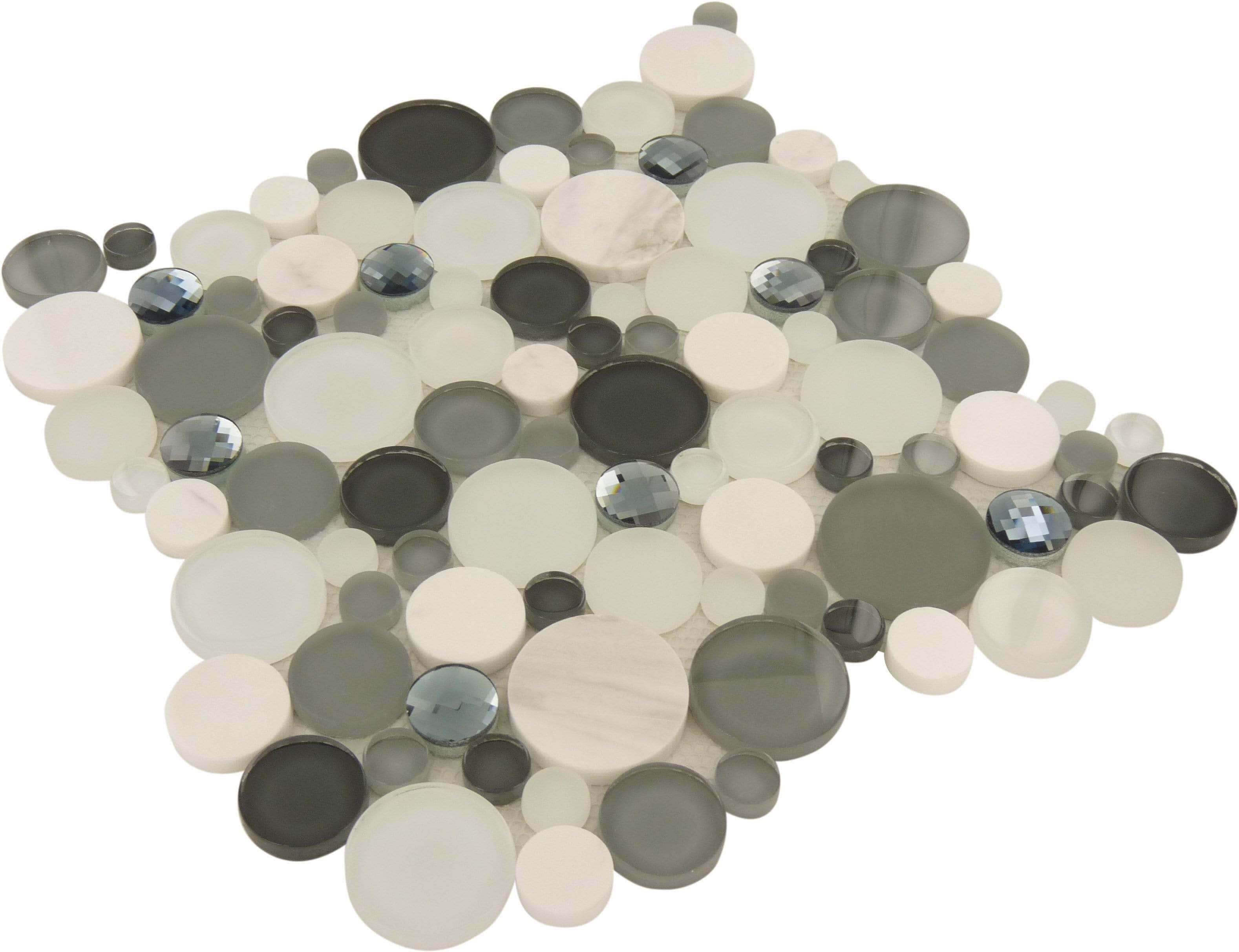 Grey Circle Fizz Glass and Stone Glossy Tile Euro Glass