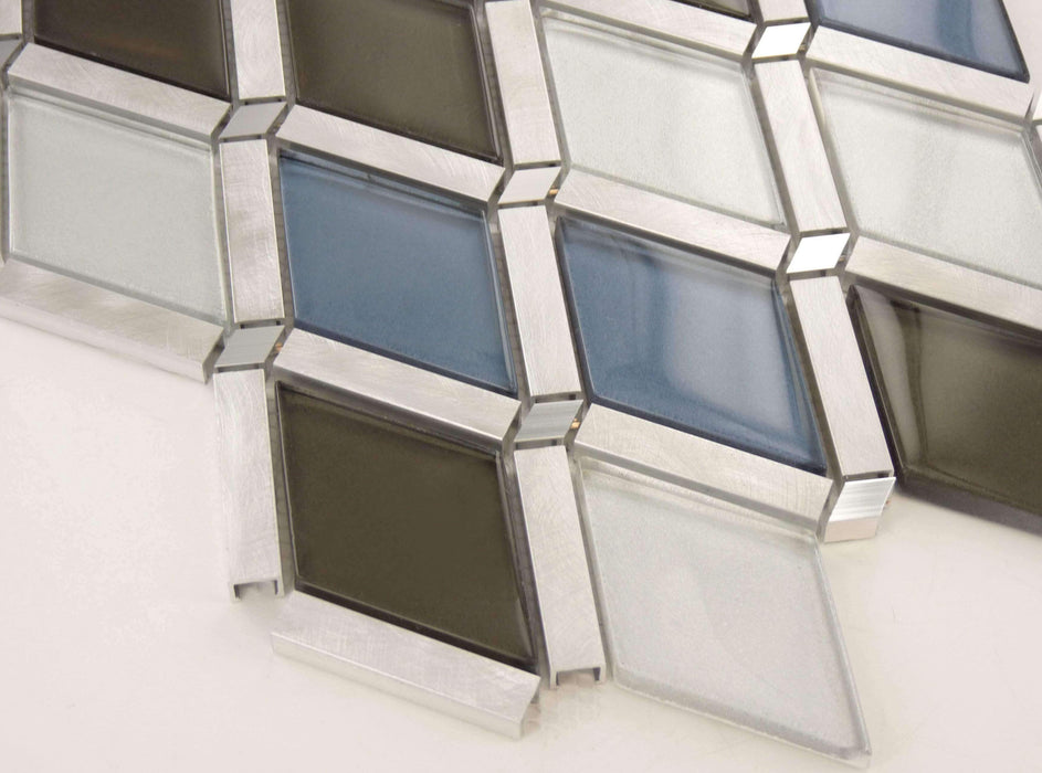 Cerulean Gaze Diamond Blue Brushed Aluminum & Glass Tile Euro Glass