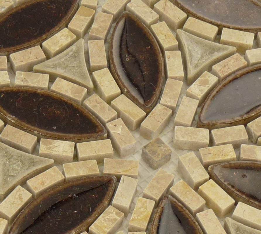 Ancient Market Flower Beige Glossy Glass & Stone Tile Euro Glass