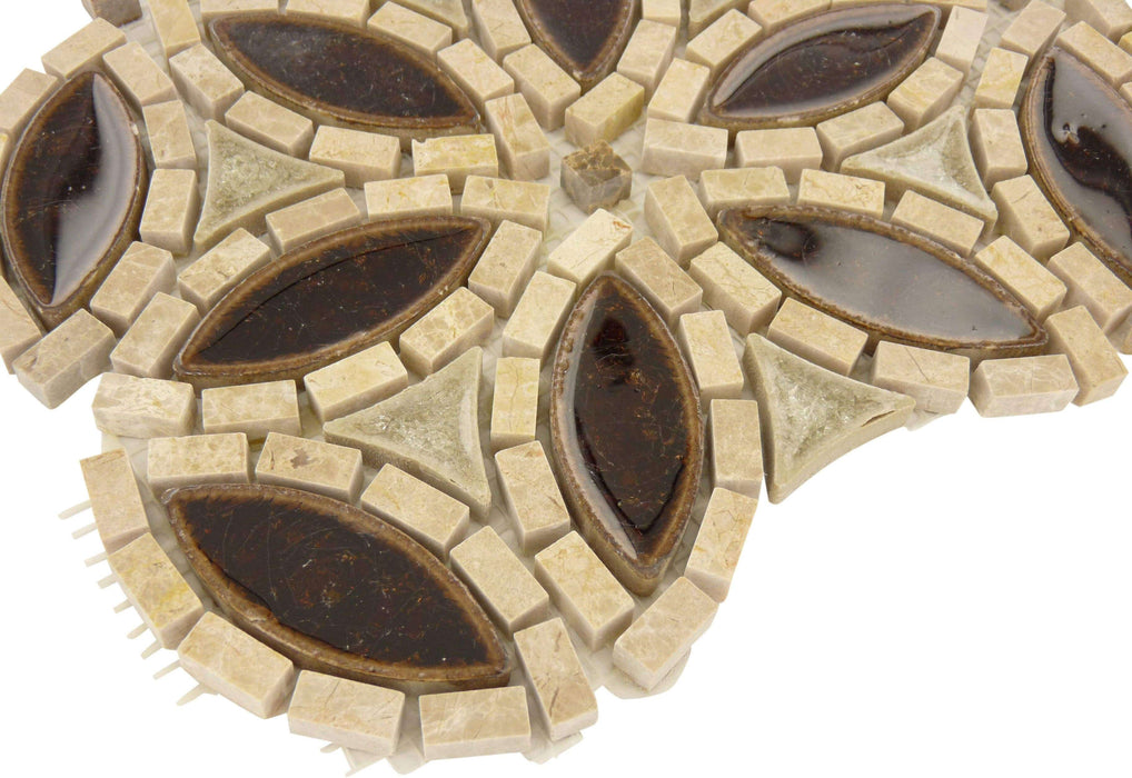 Ancient Market Flower Beige Glossy Glass & Stone Tile Euro Glass