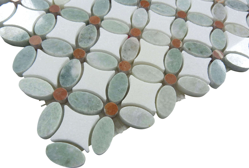 Ming Green & Thassos White Flower Polished Stone Tile Euro Glass