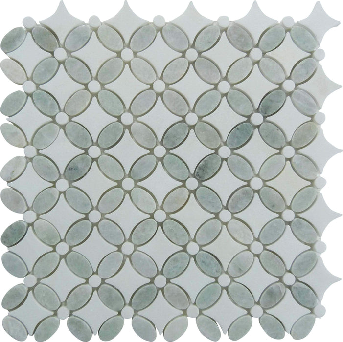 Ming Green & Thassos White Flower Stone Polished Tile Euro Glass