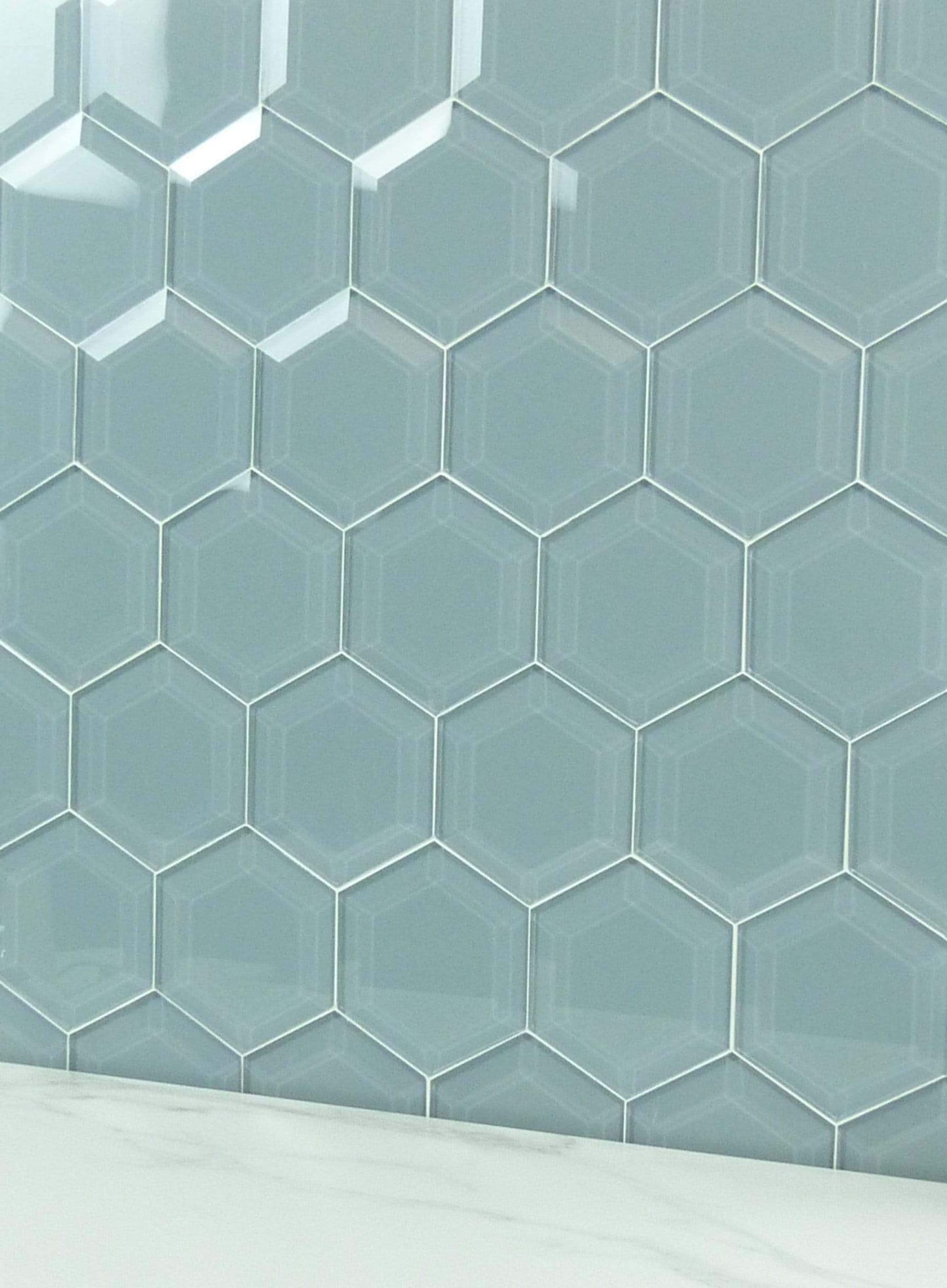 Grey Frost 4" Beveled Hexagon Glossy Glass Tile Euro Glass