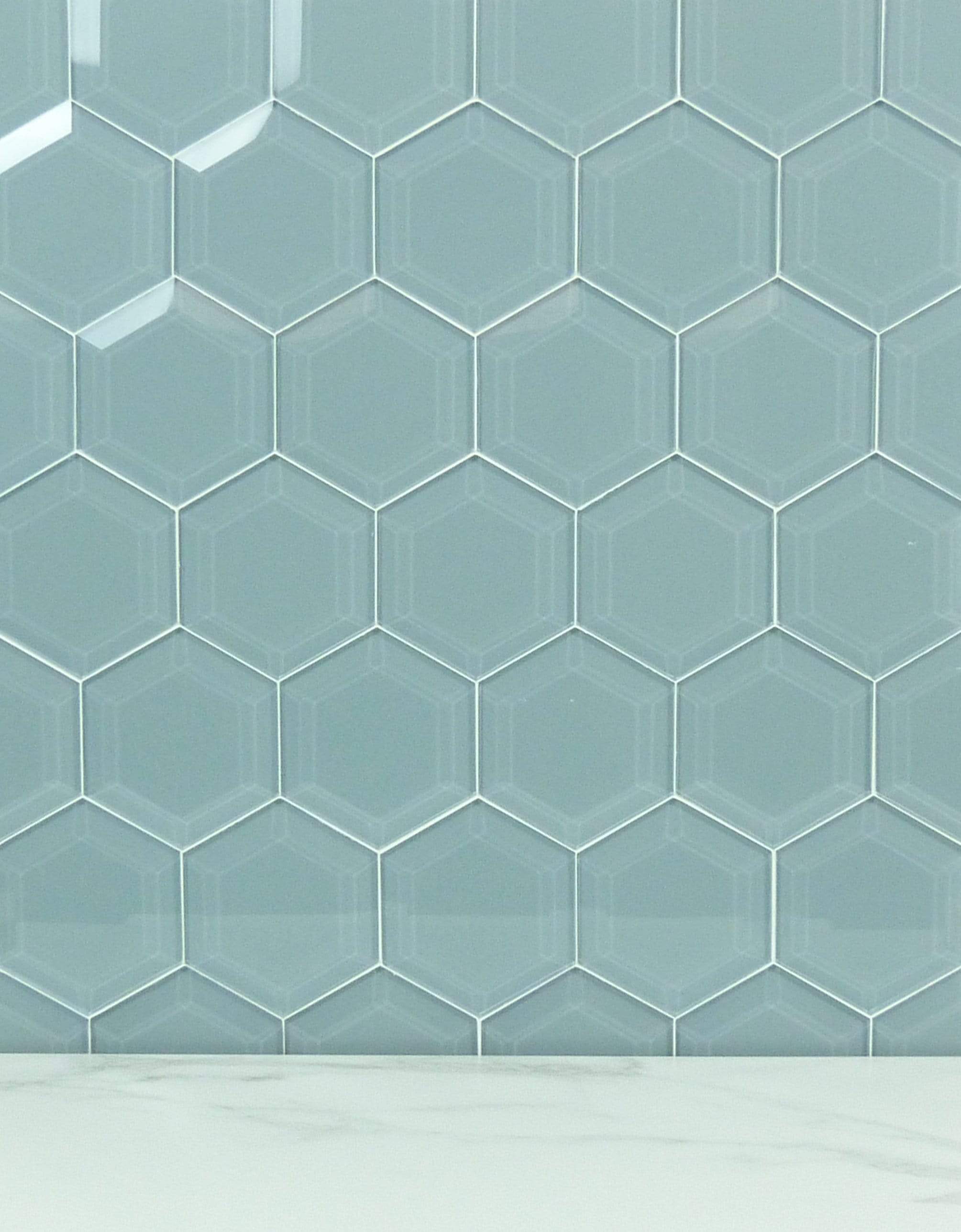 Grey Frost 4" Beveled Hexagon Glossy Glass Tile Euro Glass