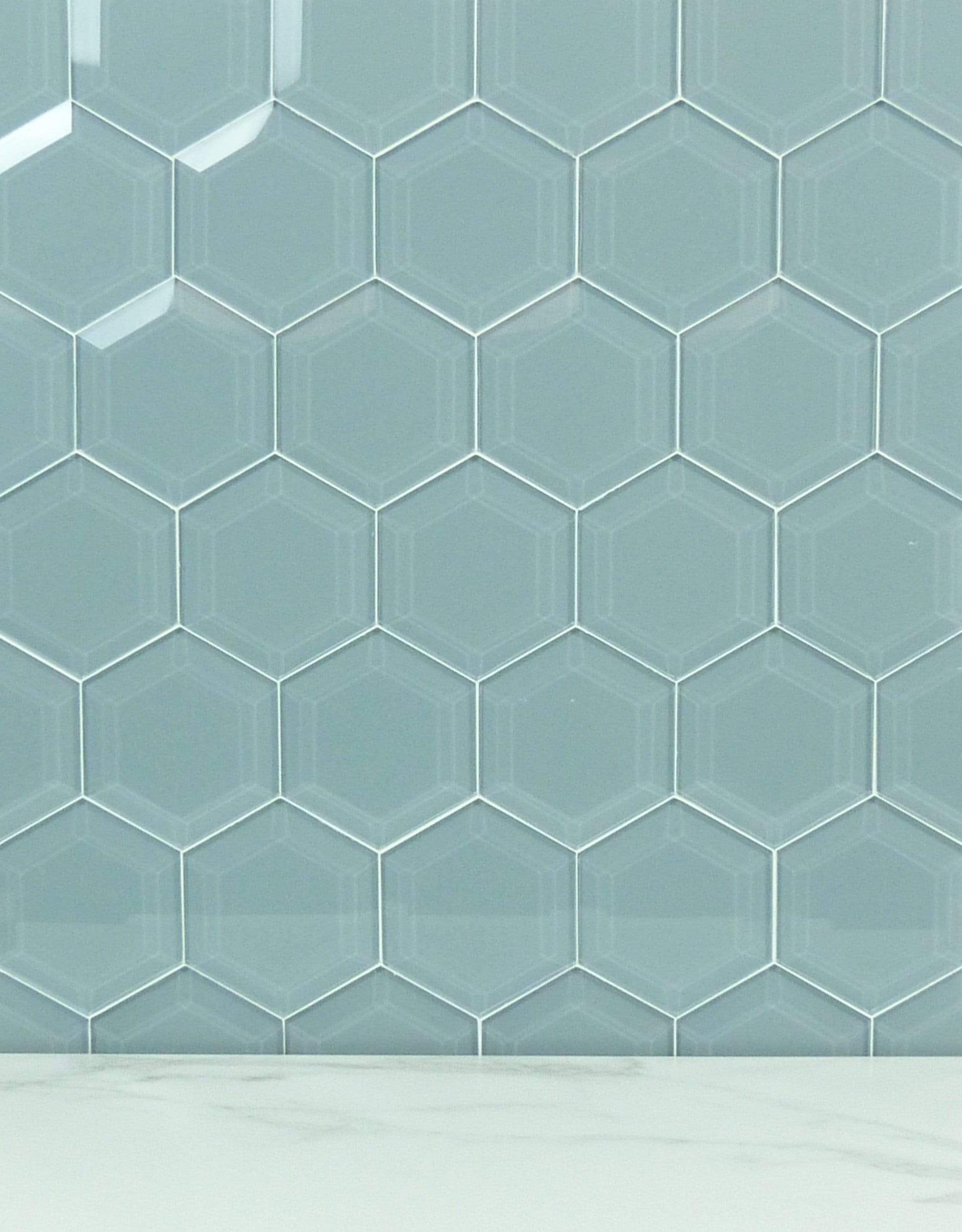 Grey Frost 4" Beveled Hexagon Glossy Glass Tile Euro Glass