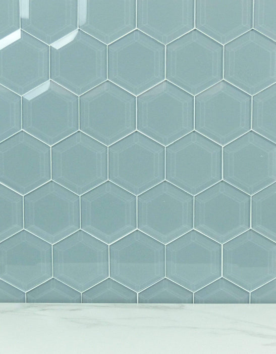 Grey Frost 4" Beveled Hexagon Glossy Glass Tile Euro Glass