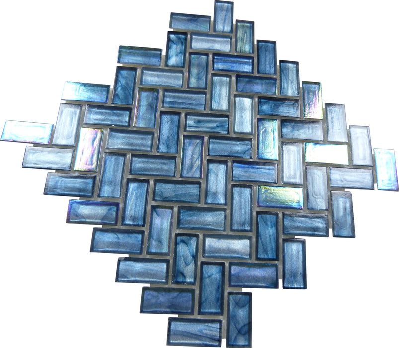 Cobalt Sea Blue Herringbone Glossy & Iridescent Glass Tile Euro Glass