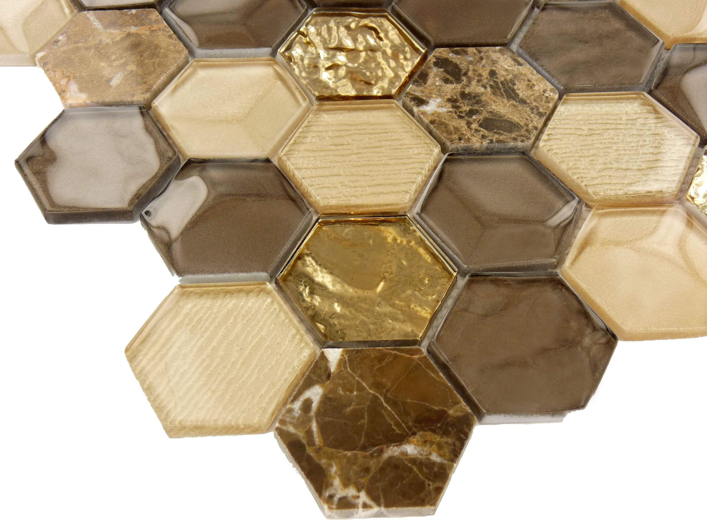 Wooden Hornet Hexagon Brown Glossy Glass & Stone Tile Euro Glass