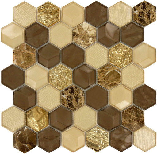 Wooden Hornet Hexagon Brown Glossy Glass & Stone Tile Euro Glass