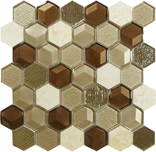 Honey Harvest Hexagon Gold Glossy Glass & Stone Tile Euro Glass