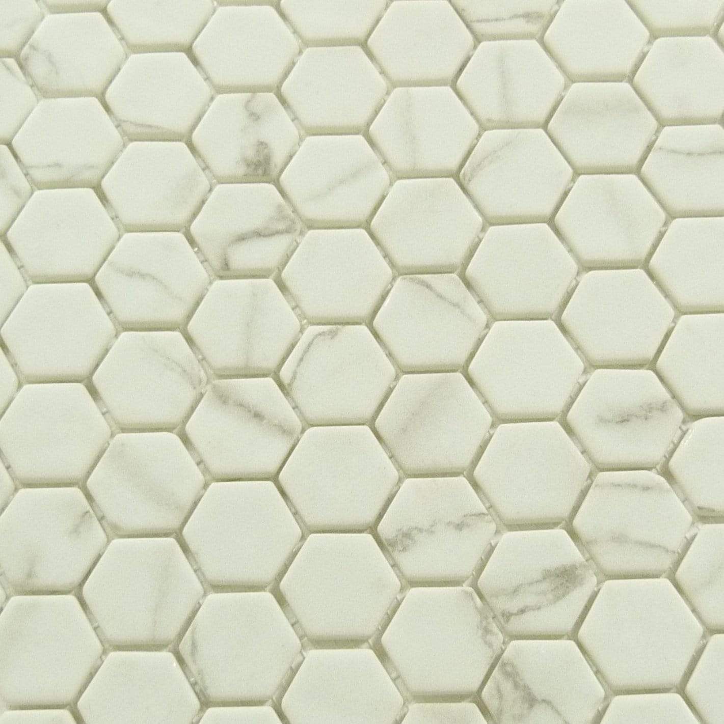 Karma Ridge Endless Calm White 1" Hexagon Matte Glass Pool Tile Euro Glass