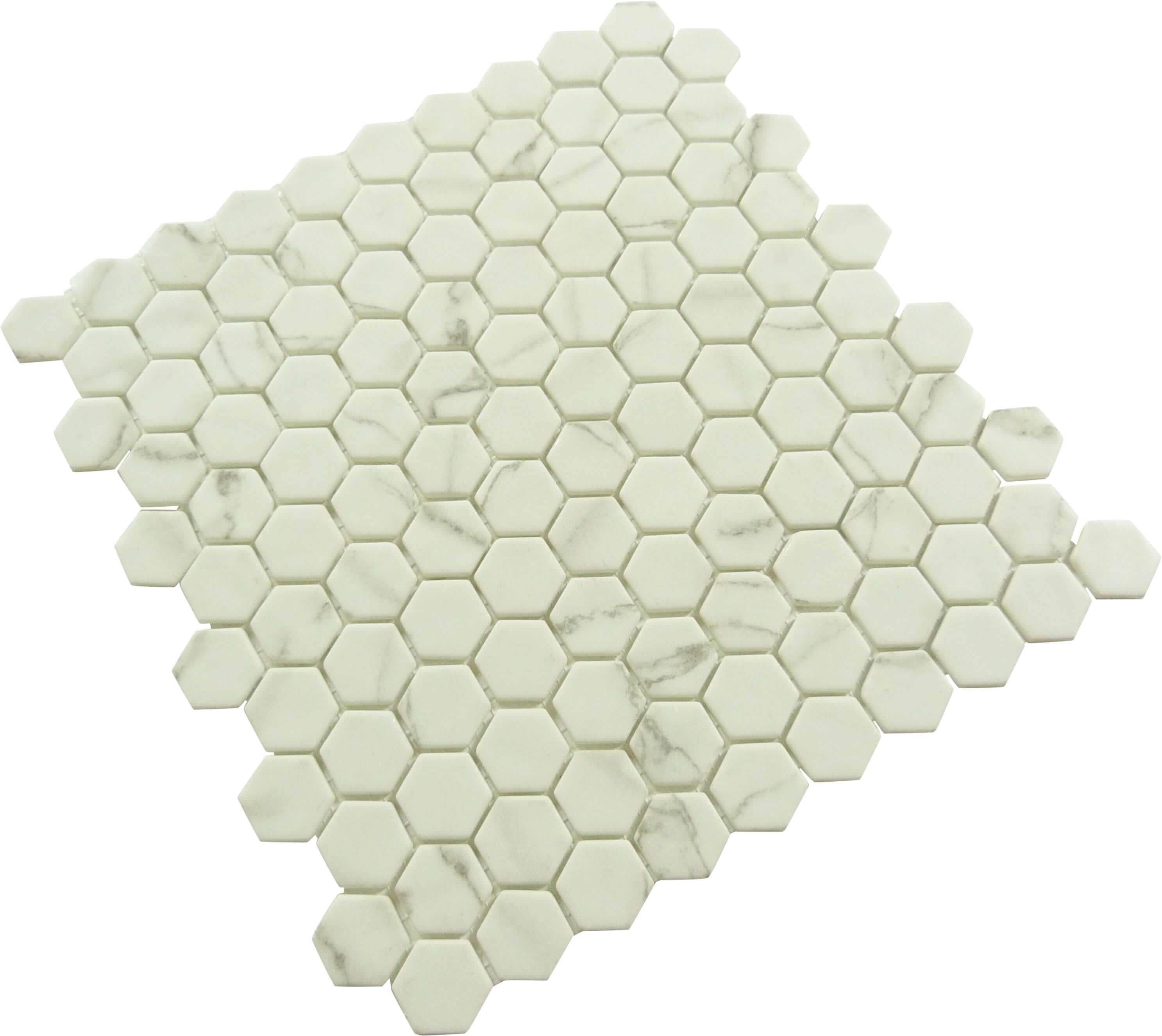 Karma Ridge Endless Calm White 1" Hexagon Matte Glass Pool Tile Euro Glass