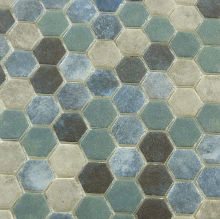 Karma Ridge Lotus Pond Blue 1" Hexagon Matte Glass Pool Tile Euro Glass