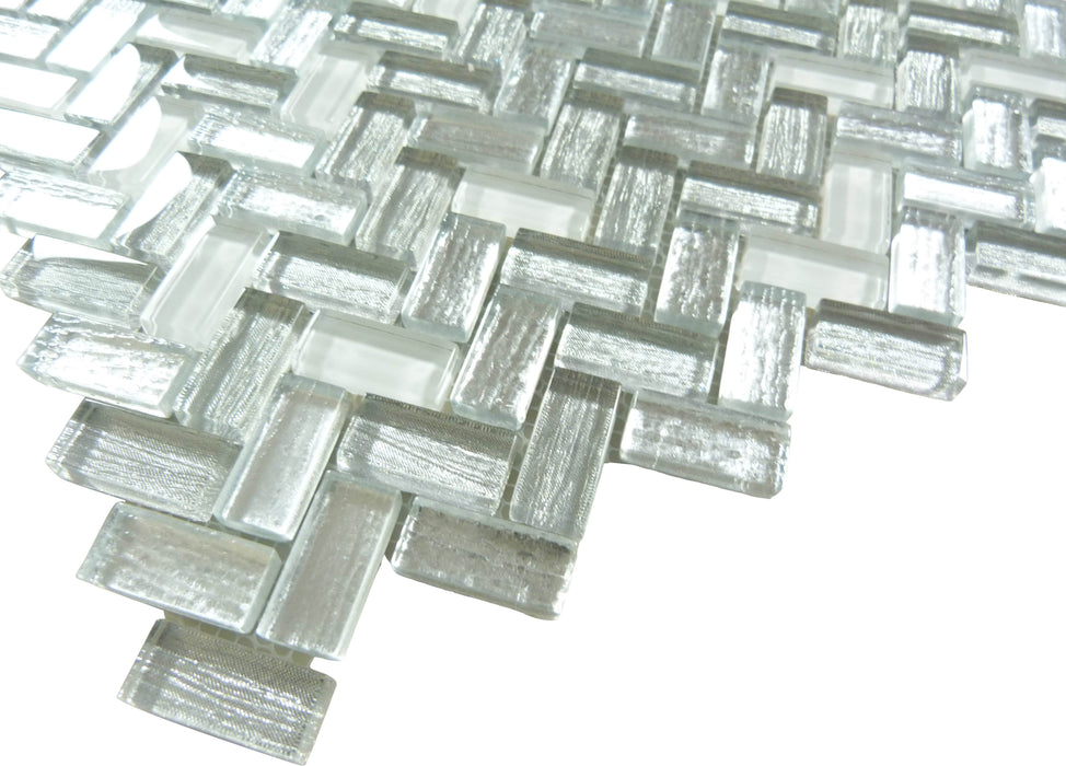 Larati Lane Silver Mini Herringbone Glossy Glass Tile Euro Glass