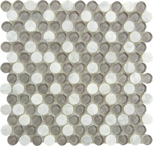 Marbello Piccolo Grey Glass and Stone Penny Round Tile Euro Glass