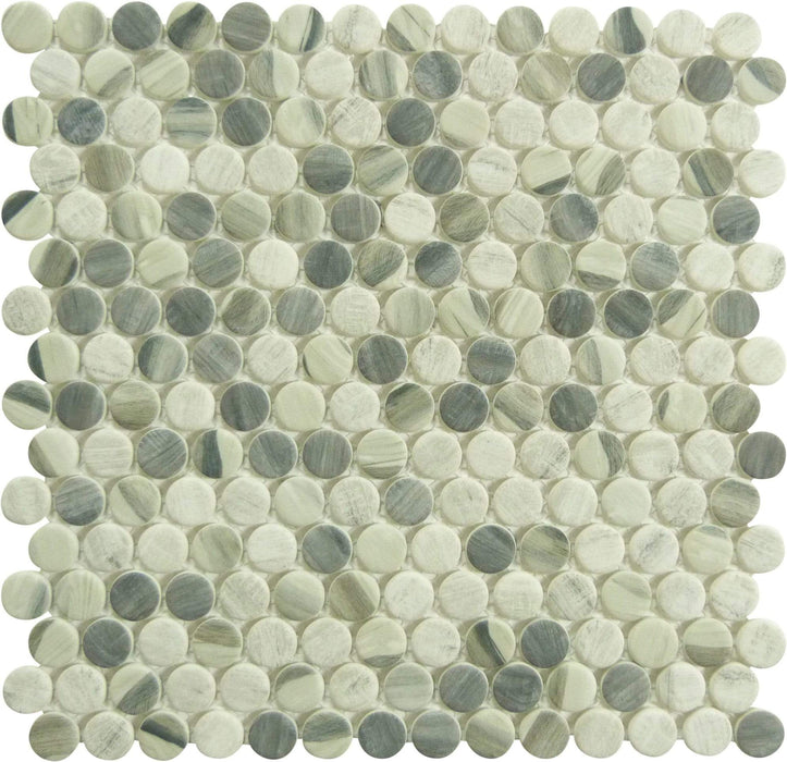 Pixels Chrome Arc Grey Penny Round Recycled Matte Glass Tile Euro Glass
