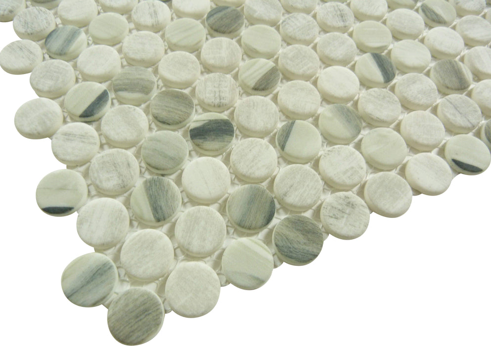 Pixels Dusted Ash Grey Penny Round Recycled Matte Glass Tile Euro Glass