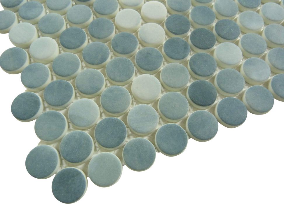 Polka Dot Seashore Waves Blue Penny Round Recycled Matte Glass Tile Euro Glass