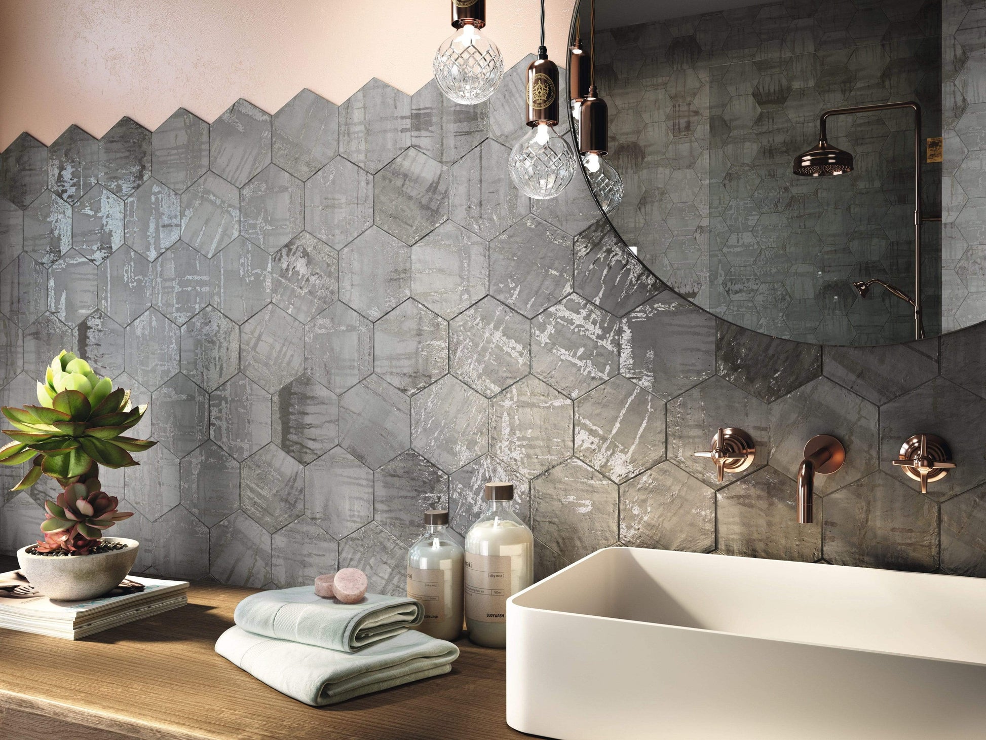 Princeton Glaze Victorian Pewter Grey Glossy & Matte Hexagon Porcelain Tile Euro Glass