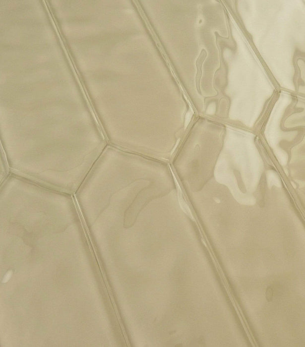 Quail Beige 3" x 10" Elongated Hexagon Rippled Glossy Glass Tile Euro Glass
