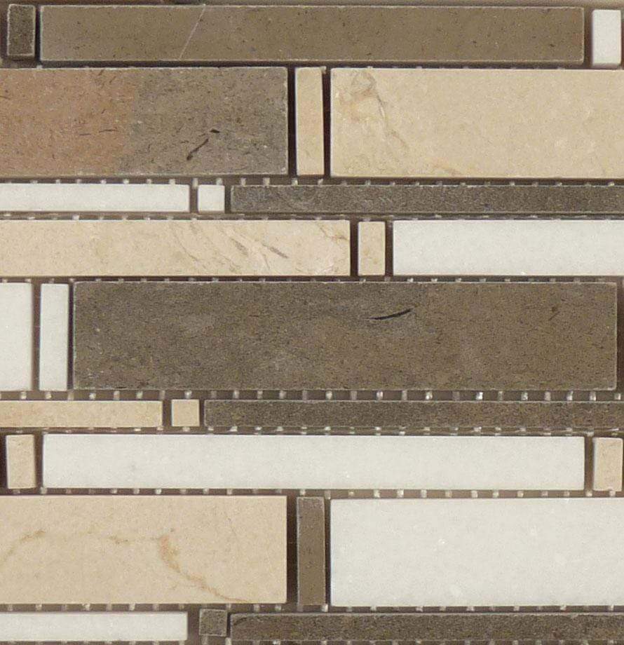 Cascade Lagos Azul, Cream Marfil & Thassos White CS-92 Brown Random Bricks Stone Polished Tile Euro Glass