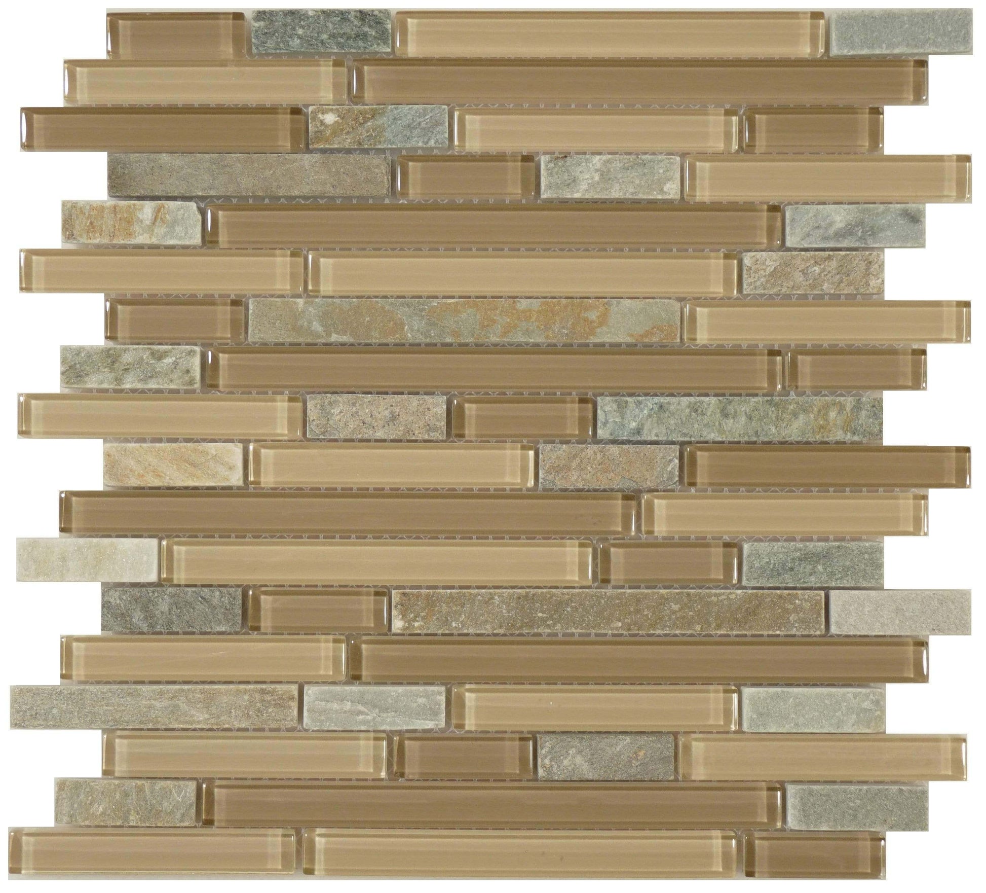 Contemporary Mocha GS20 Cream/Beige Random Bricks Glass and Slate Glossy & Unpolished Tile Euro Glass