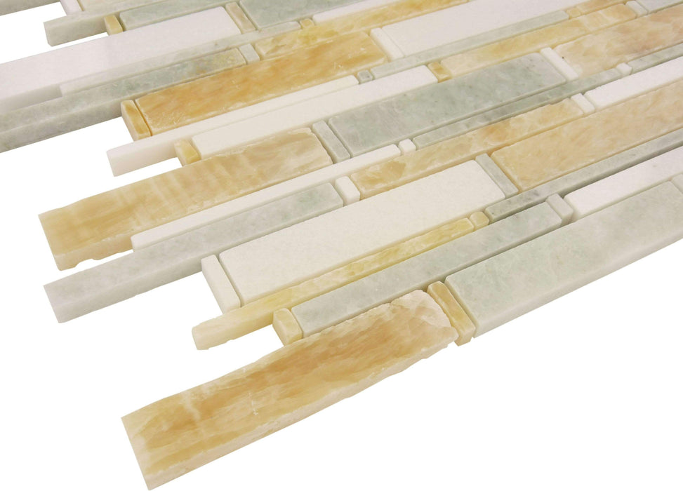 Cascade Honey Onyx With Ming Green & Thassos White Mix Random Bricks Polished Stone Tile Euro Glass