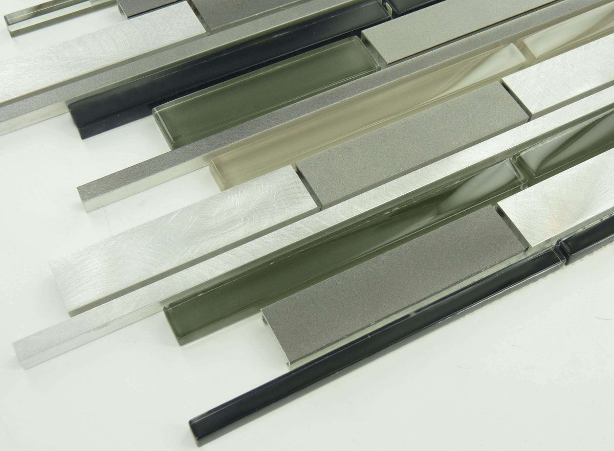 Random Bricks Grey Glass and Metal Tile Glossy Brushed OS-1005