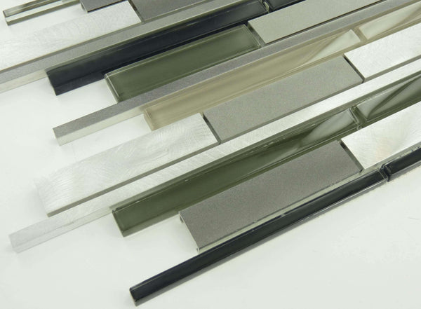 Random Bricks Grey Glass and Metal Tile Glossy Brushed OS-1005