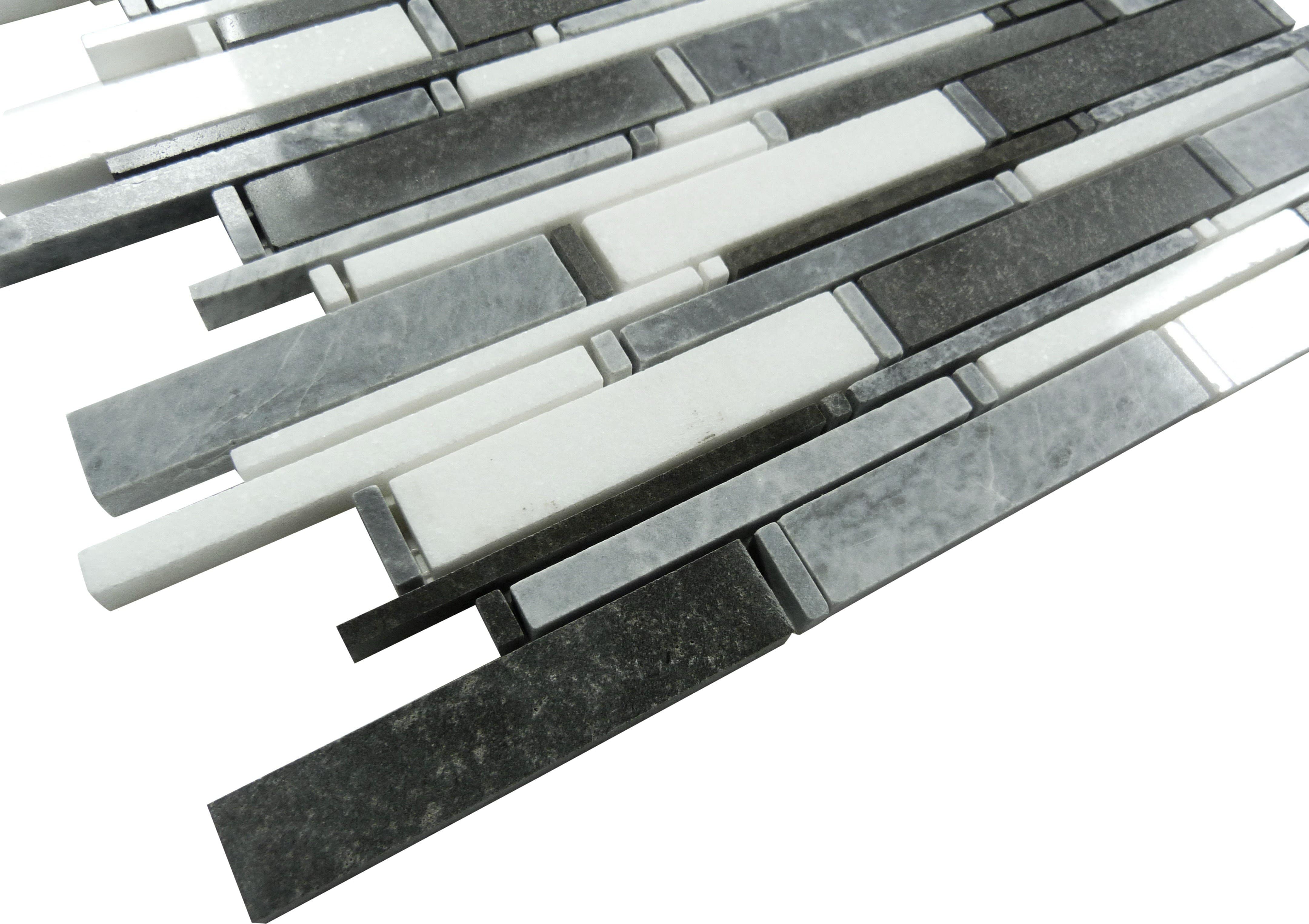 Cascade Mugworth Thassos White & Basalt Grey Random Bricks Polished Stone Tile Euro Glass