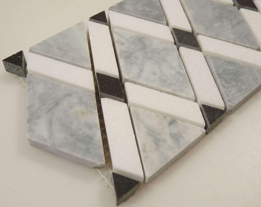 Mugworth Thassos White and Basalt Diamond Polished Stone Border Tile Euro Glass