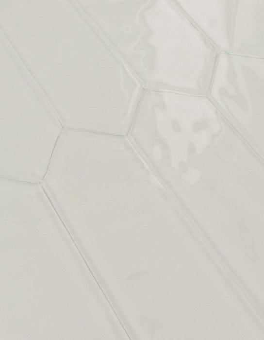 Snowy Owl White 3" x 10" Elongated Hexagon Rippled Glossy Glass Tile Euro Glass