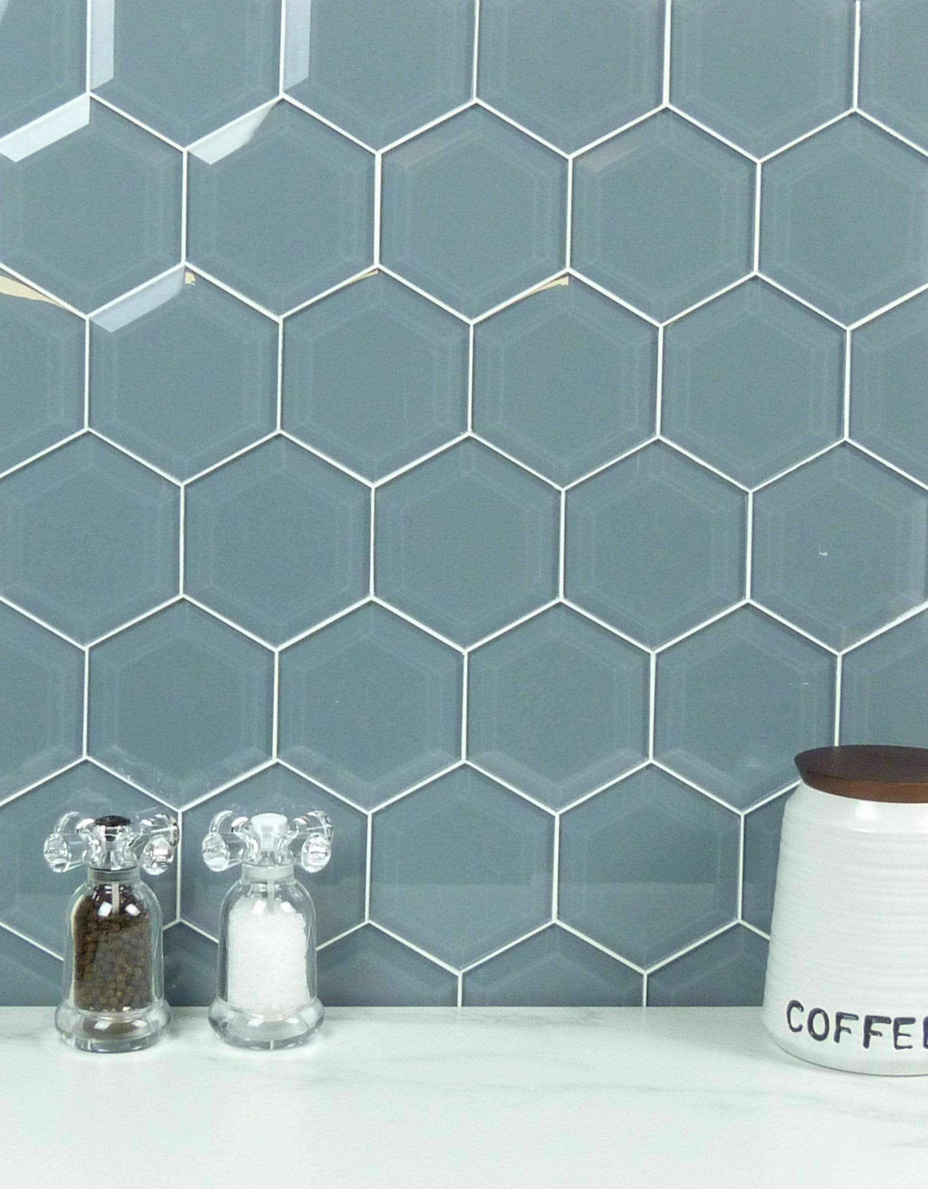 Steeple Grey 4" Beveled Hexagon Glossy Glass Tile Euro Glass