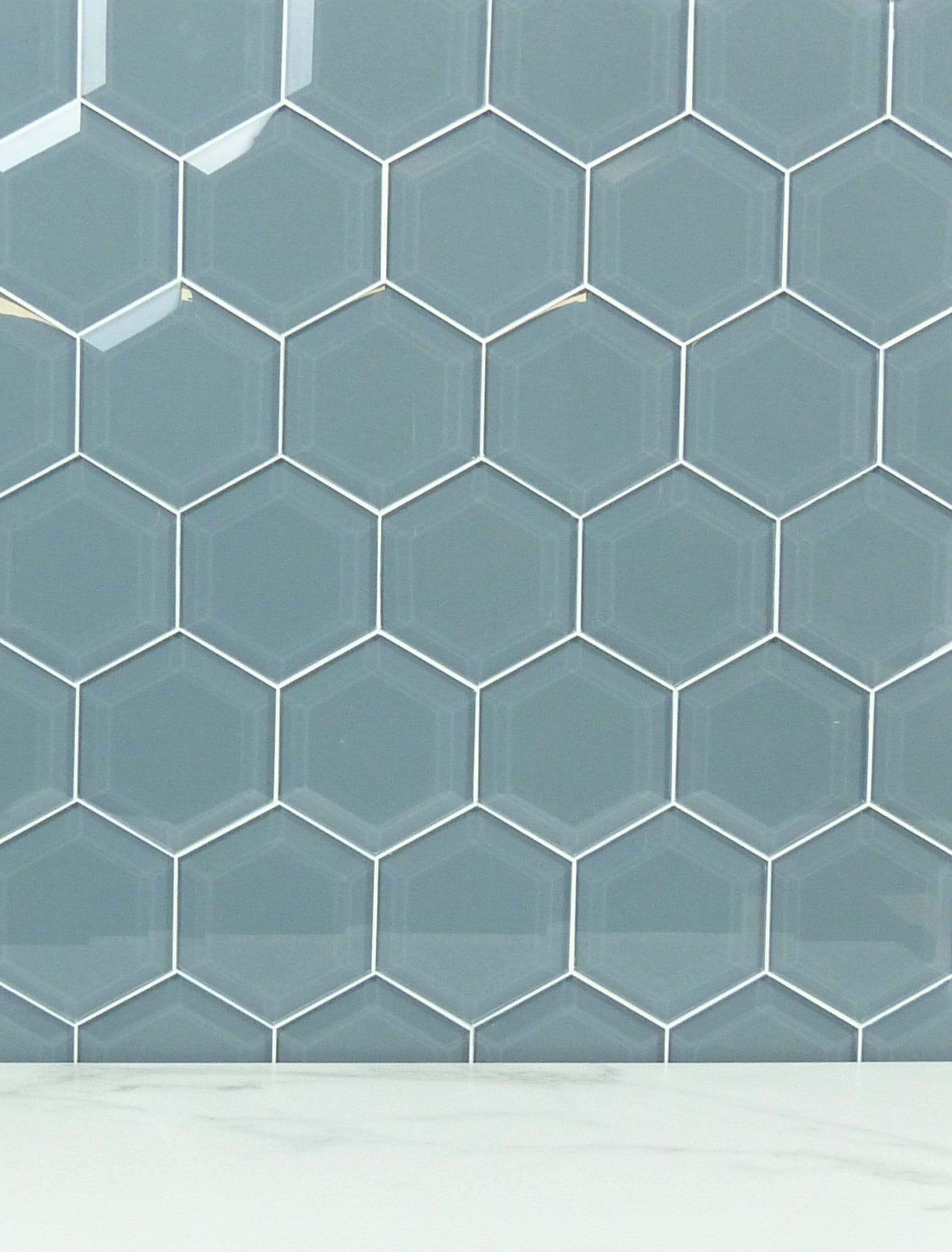 Steeple Grey 4" Beveled Hexagon Glossy Glass Tile Euro Glass