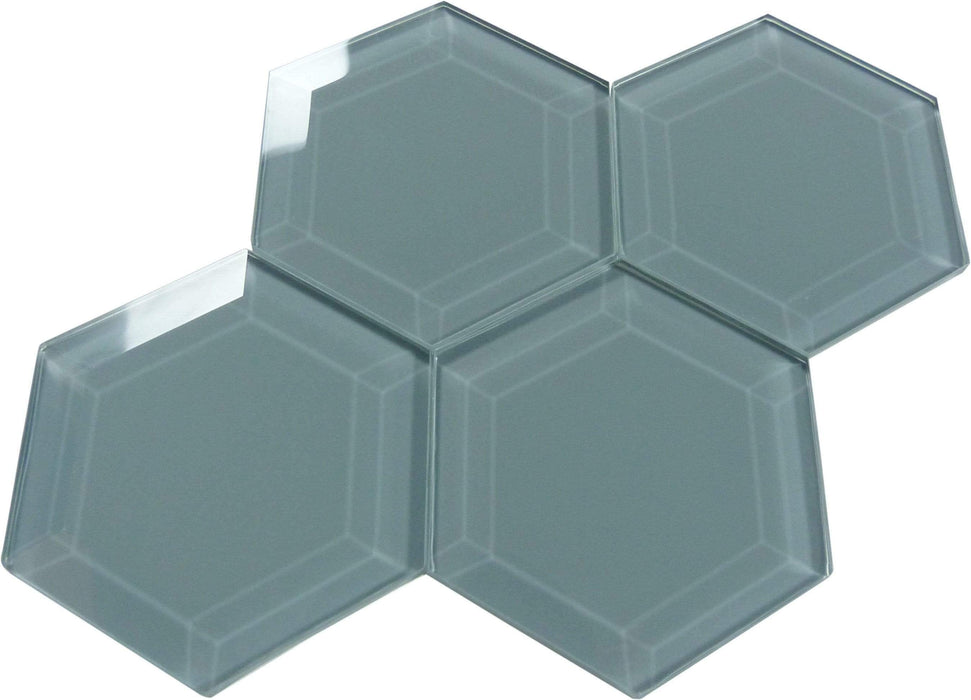 Steeple Grey 4" Beveled Hexagon Glossy Glass Tile Euro Glass