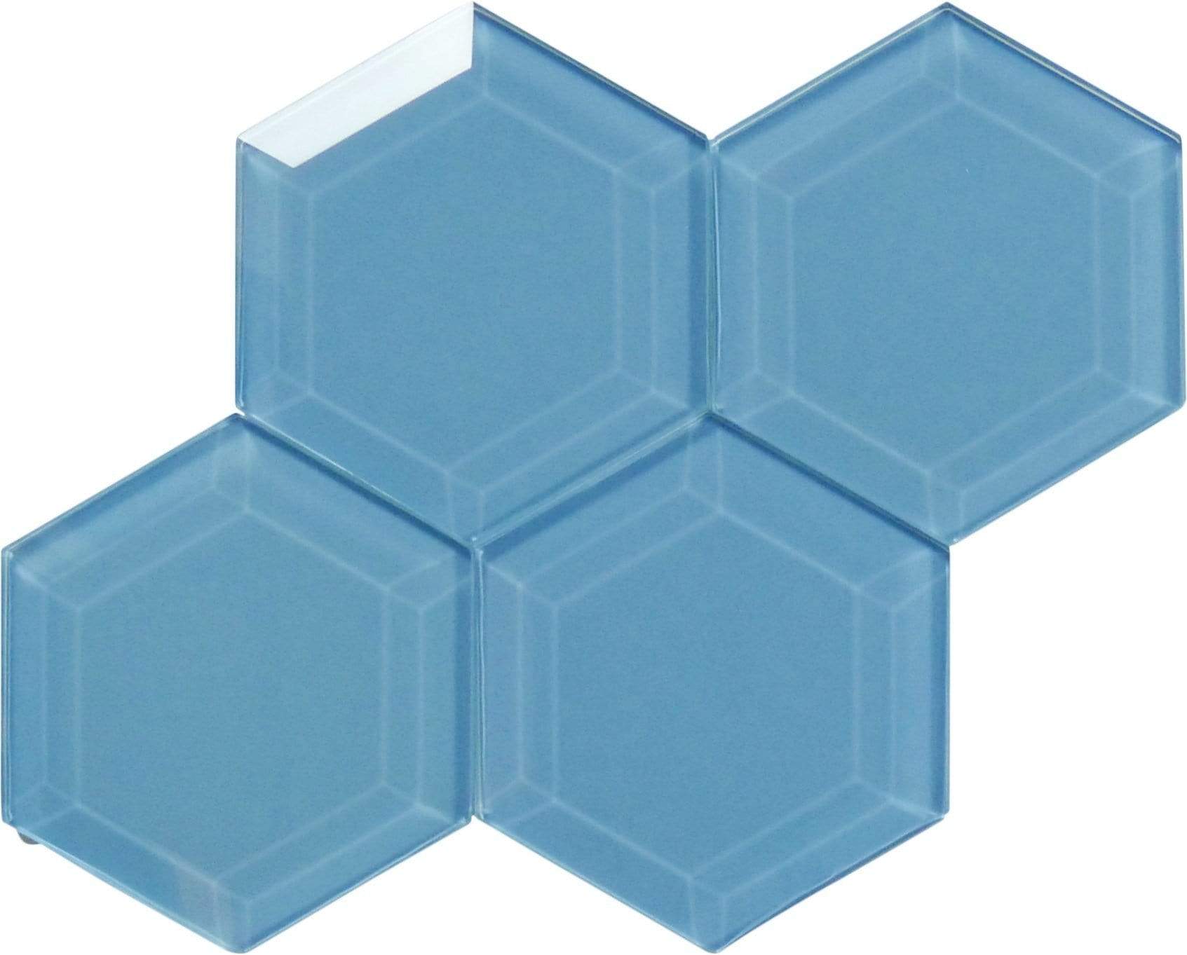 Walden Pond Blue 4" Beveled Hexagon Glossy Glass Tile Euro Glass