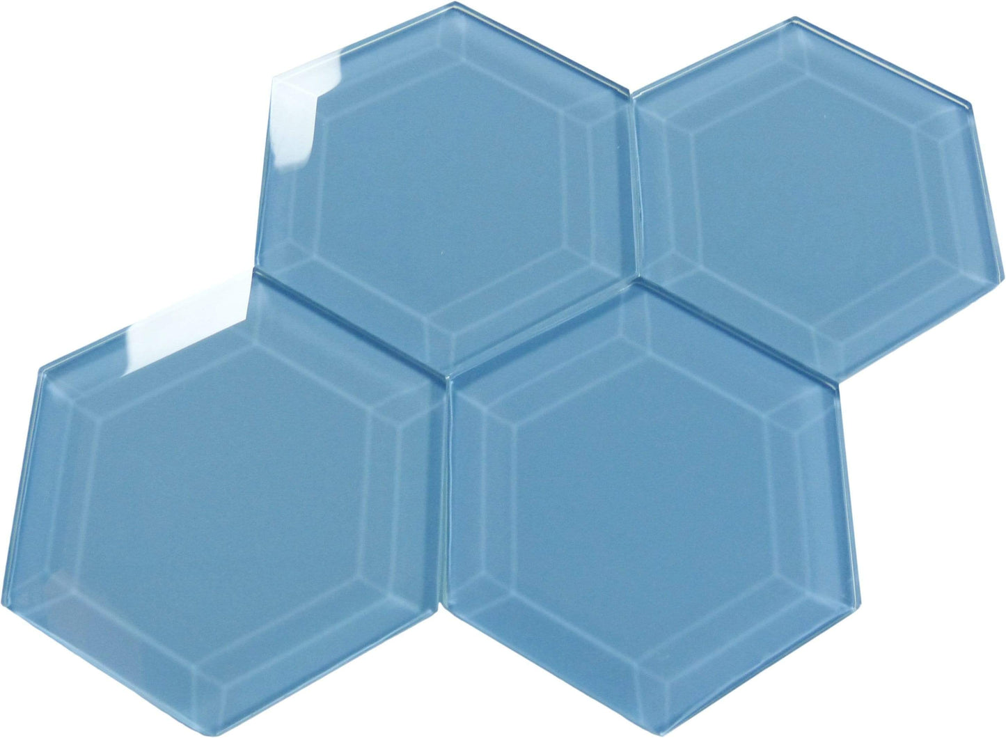 Walden Pond Blue 4" Beveled Hexagon Glossy Glass Tile Euro Glass