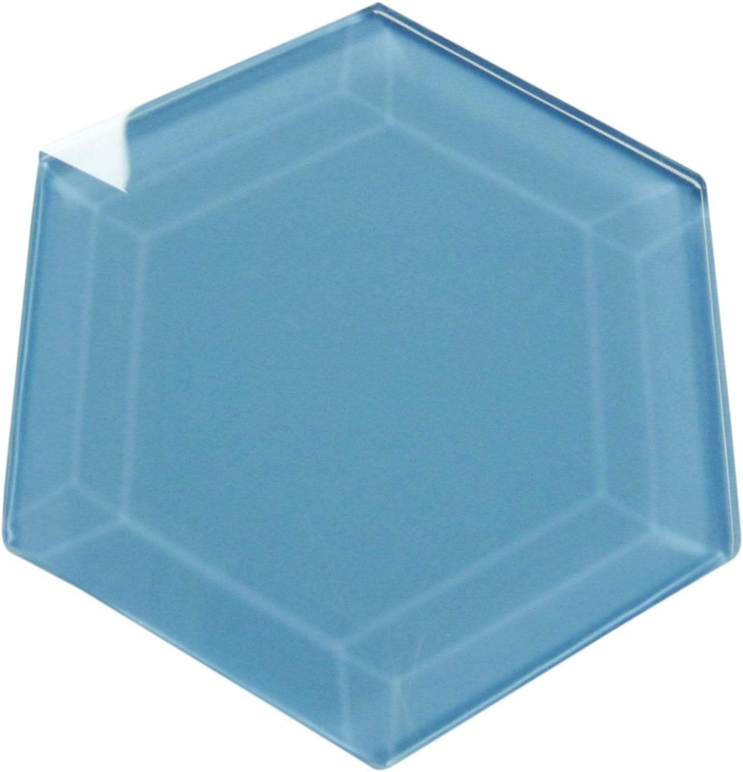 Walden Pond Blue 4" Beveled Hexagon Glossy Glass Tile Euro Glass