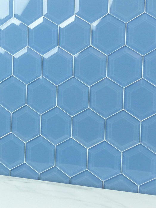 Walden Pond Blue 4" Beveled Hexagon Glossy Glass Tile Euro Glass