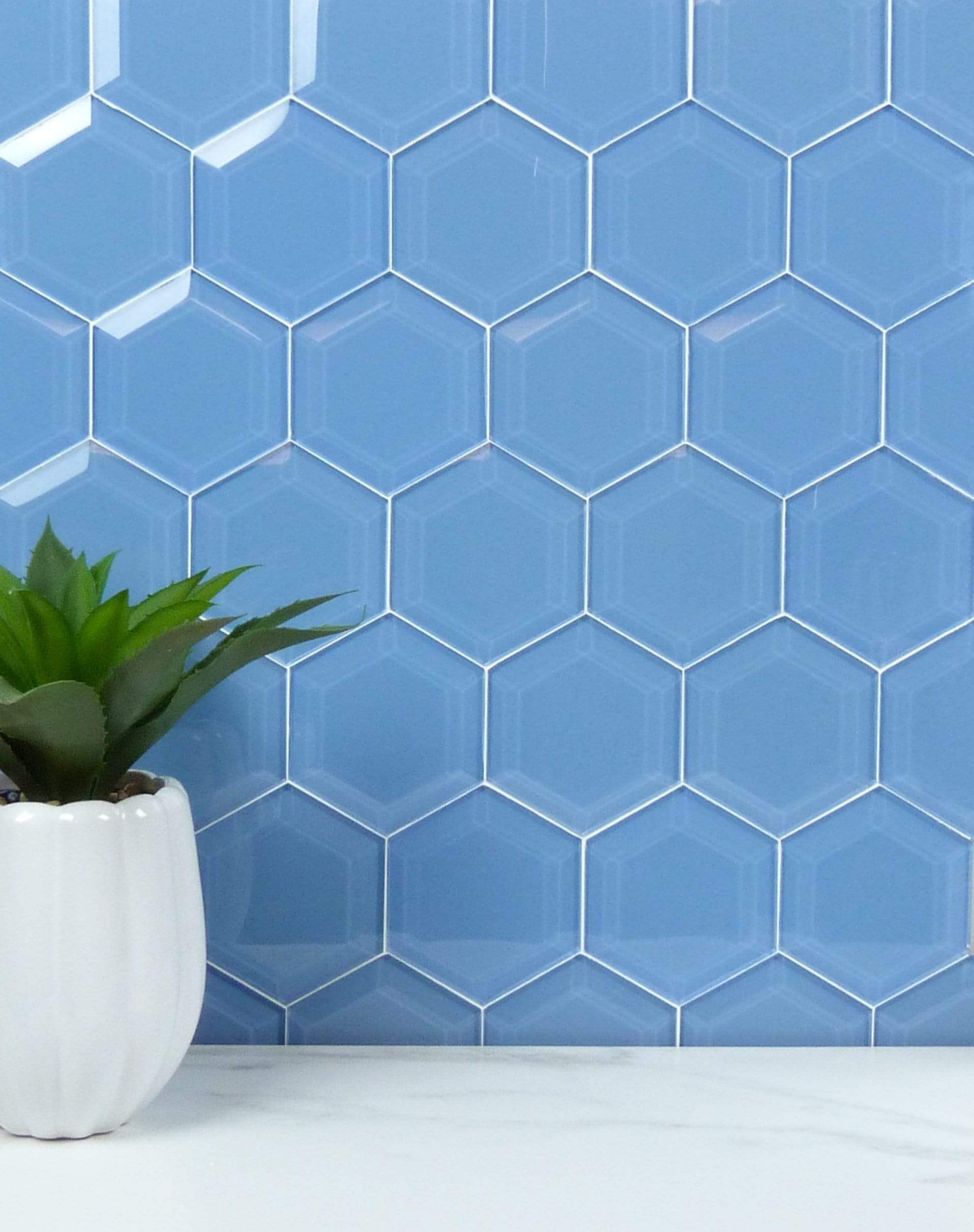 Walden Pond Blue 4" Beveled Hexagon Glossy Glass Tile Euro Glass