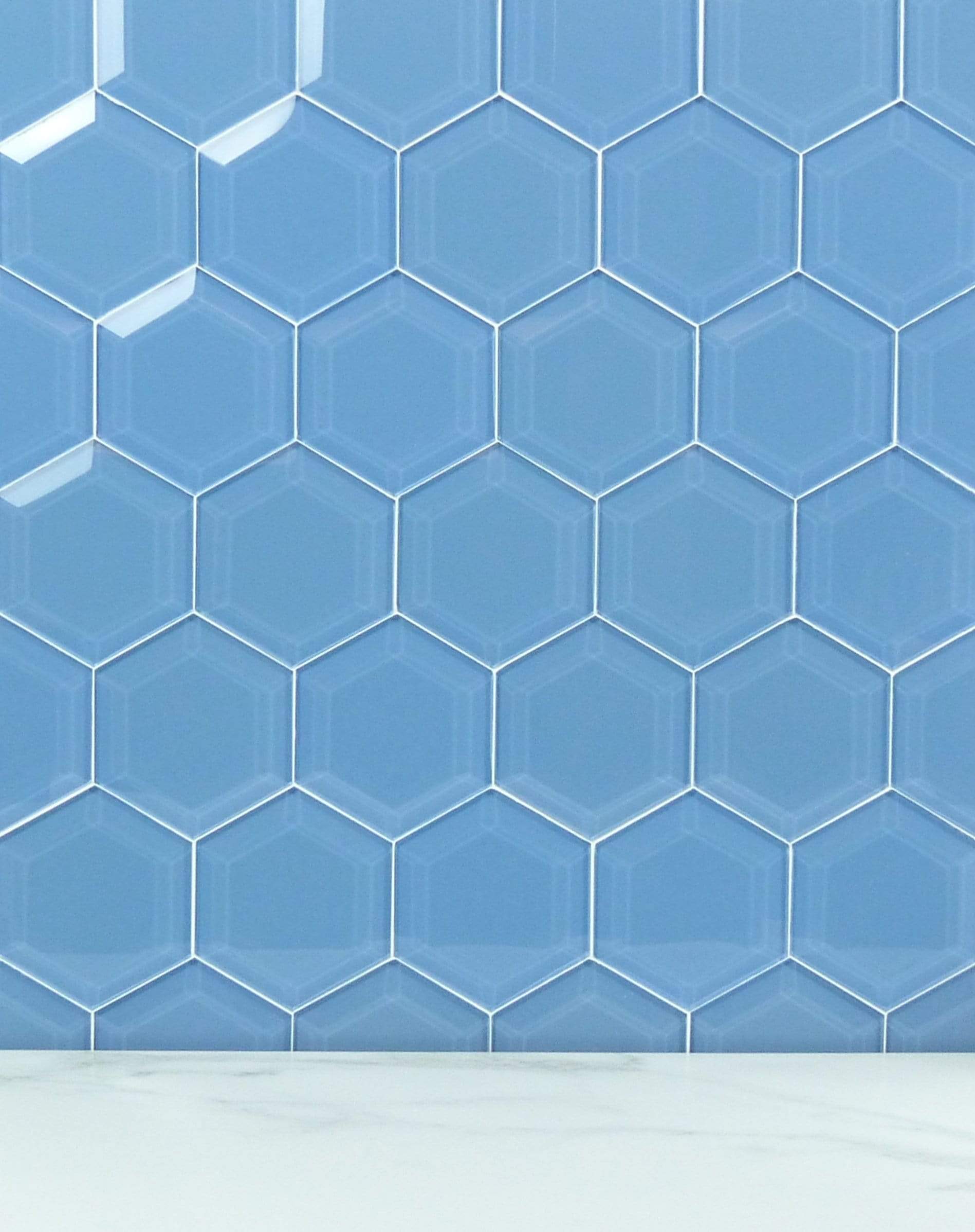 Walden Pond Blue 4" Beveled Hexagon Glossy Glass Tile Euro Glass