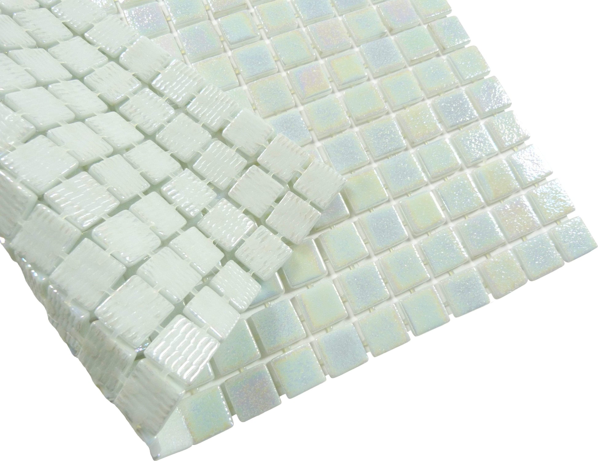 Twisted White Anti Slip Glossy & Iridescent Glass Pool Tile Fusion